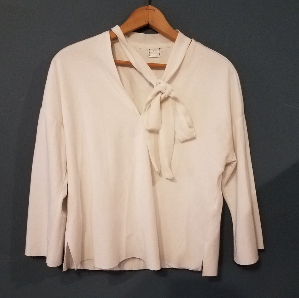 Zara‎ WB Collection Ivory Jabot Tie Neck Bow Cropped Top Medium